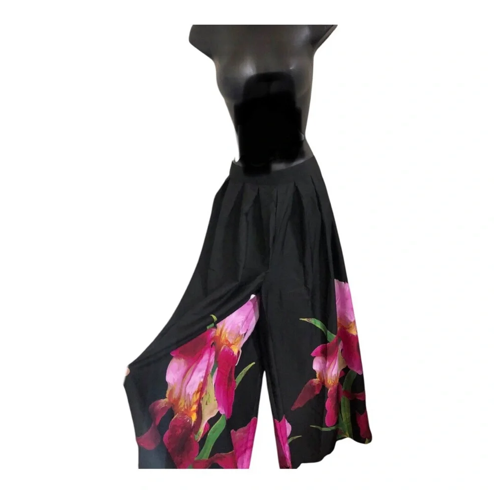Black pink hibiscus floral tropical print hem wide leg flowy pants size XL new - Picture 1 of 17